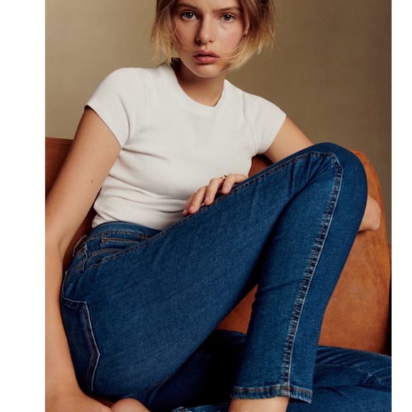 Sezane Denim - Sezane Slim High Waisted Skinny Jeans Dark Indigo Raw Hem Size 28